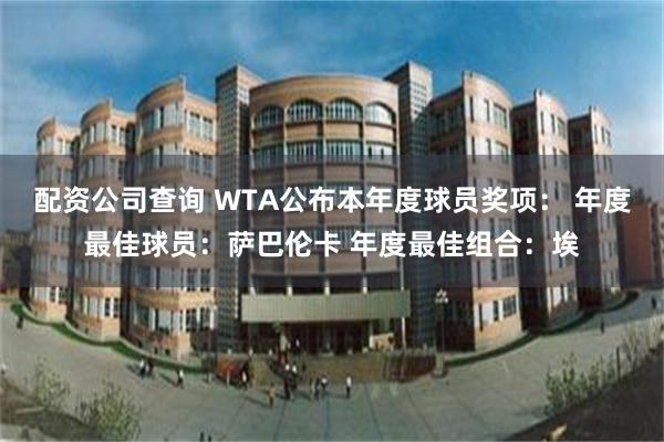 配资公司查询 WTA公布本年度球员奖项： 年度最佳球员：萨巴伦卡 年度最佳组合：埃